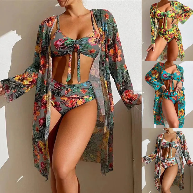 Print Flower Plants Beach Suit Swimwear 3 Piece With Cover Up